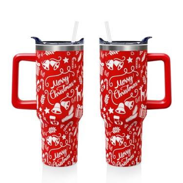 Imagem de Aokoyi Copo vermelho Merry Christmas 1,134 g com alça e canudo, presentes de Natal rústicos para mulheres e homens, garrafa de água de aço inoxidável para férias de inverno, 1 peça