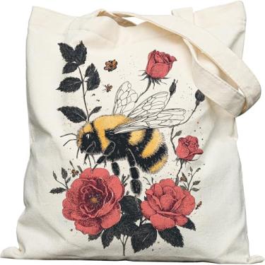 Imagem de Dyale Sacola feminina de lona com fecho de pressão, estampa dupla face, abelha, rosa, floral, alças largas e bolso interno para viagem, compras, trabalho, viagens