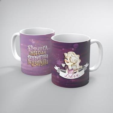 Imagem de Caneca de Porcelana Personalizada Libra, Tema Zodíaco, Design Roxo e Dourado