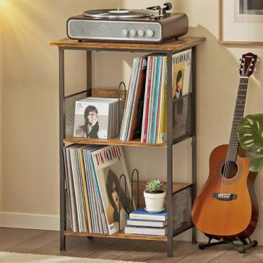 Imagem de Suporte para toca-discos, suporte de disco de vinil de 3 níveis, suporte para toca-discos com 2 divisórias e 4 pés ajustáveis, mesa de toca-discos com armazenamento de discos de vinil de até 200