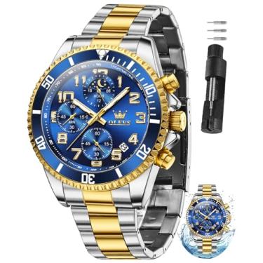 Imagem de OLEVS Relógios masculinos de aço inoxidável com cronógrafo, mostrador grande, à prova d'água, luxuoso, moderno, azul/preto/dourado/verde/prata Relojes para Hombres, Pulseira dourada e prata com face