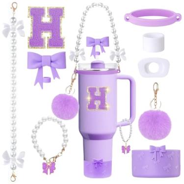 Imagem de MOTEERLLU Conjunto de acessórios de copo Stanley roxo de 9 peças para copo de 850 g 1,360 g com alça, incluindo enfeite de palha de arco e bota, alça de alça de pérola e pingente de alça, adesivo de