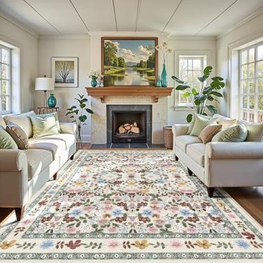 Imagem de Deerly Boho Tapete floral 18 x 23 cm, vintage, colorido, lavável, antiderrapante, tapete macio para sala de estar, macio, fino, para quarto, sala de jantar, sala de jogos, berçário, casa de fazenda