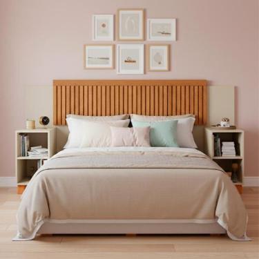 Imagem de Cabeceira Ripada Modular para cama Casal, Queen com Mesas de Cabeceira