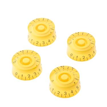 Imagem de DIAO79NI Botões de controle de velocidade de 18 estrias de tamanho métrico para guitarra elétrica Epiphone Les Paul SG Asia Import Guitar Bass Split Shaft Pots, amarelo/preto (conjunto de 4)