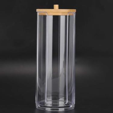 Imagem de Porta Algodão em Acrílico com Tampa de Bambu, Organizador para Banheiro, Cilíndrico, Transparente