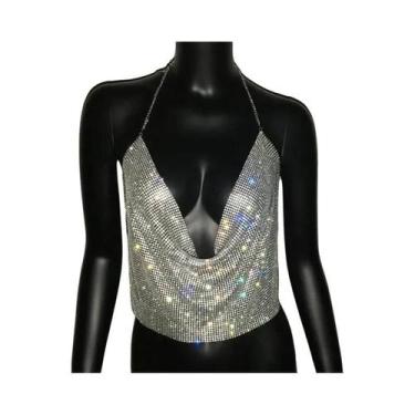 Imagem de Top Cropped Feminino Sem Costas Com Strass Brilhante Decote Em V Para 