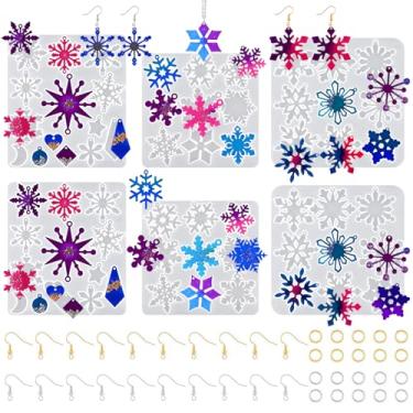 Imagem de Actvty Molde de brinco de resina de floco de neve, 6 peças de molde de silicone de floco de neve para fundição de resina, kit de moldes de silicone com furos, brincos, colar, pingente, chaveiros
