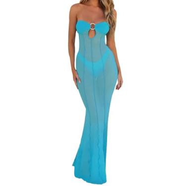 Imagem de Vestidos sexy de malha transparente para mulheres, vestido maxi sem alças, tubo, festa noturna, Azul - 3, P