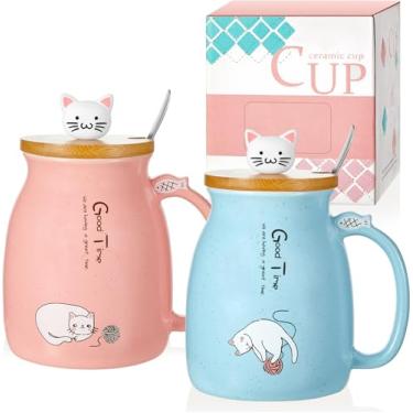 Imagem de 2 pacotes Caneca de gato Copos de chá de cerâmica Canecas fofas Novidades Copo de gato fofo com tampa de gatinho adorável e colher de aço inoxidável Caneca de café com desenho kawaii Caneca de leite, 420 ml