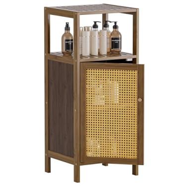 Imagem de HITNET Armário de piso de banheiro de vime, armário de armazenamento de bambu com porta única, pequeno aparador independente para sala de estar, unidade de armazenamento de entrada que economiza