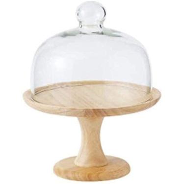 Imagem de Porta-bolos mesa de madeira sobremesa de aniversário suporte de pastelaria transparente cúpula em vidro conservação alimentos cobertura (tamanho: 25,5 cm) (25,5 cm) ()