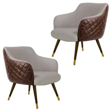 Imagem de Kit 2 Poltronas Pé Palito Duo New Bronze Jade D02 Linho Bege C-107 Tressê Corano Marrom - Lyam Decor