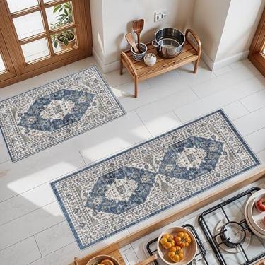 Imagem de Conjunto de tapetes de pia de cozinha 0f 2: Tapete de madeira antiderrapante lavável para fogão, lava-louças, tapete macio resistente a manchas para área de cozinha e geladeira, decoração de casa boho