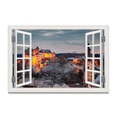 Imagem de Impressão em tela de ilusão de janela falsa com luz quente, arte de parede com vista panorâmica real para sala de estar 60 x 90 cm sem moldura