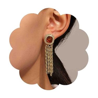 Imagem de Aneneiceera Brincos vintage com pingente de corrente de borla, brincos quadrados de citrino, brincos de corrente de franja de ouro, brincos de cristal citrino, brincos de corrente elegante de metal,