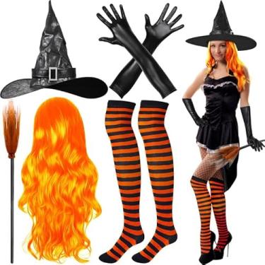 Imagem de Conjunto de 5 peças femininas de fantasia de bruxa de Halloween 2025 para adultos, chapéus, luvas de vassoura, meias para festa de meninas, acessórios de cosplay (laranja)