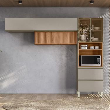 Imagem de Armário de Cozinha com Vidro Reflecta Compacta Proença Ripado 5 Portas 2 Gavetas Nogueira e Nude