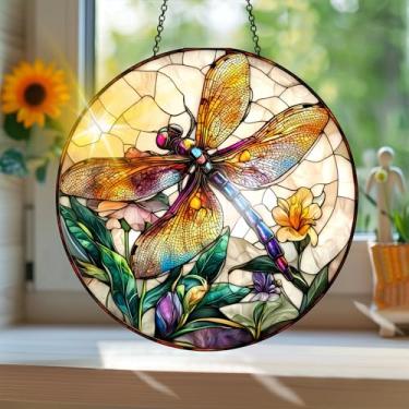 Imagem de Acrílico colorido Suncatcher, apanhador de sol estilo vitral impresso libélula com reflexos de arco-íris, decoração de janela suspensa, decoração de parede, ornamentos de Natal para uso interno e