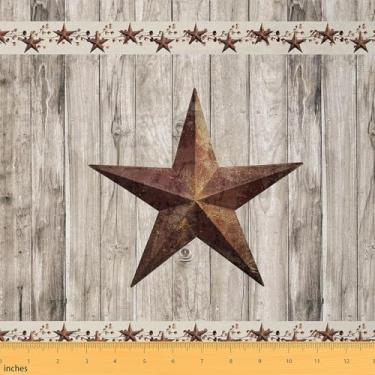 Imagem de Tecido Western Texas Star por jarda, tecido rústico de estofamento de estrela de celeiro, tecido decorativo de prancha de madeira country para móveis de estofamento de sofá, artesanato e suprimentos