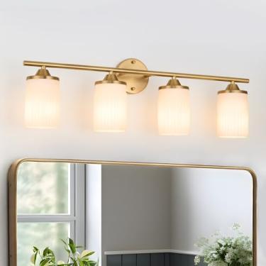 Imagem de Jonsi Luminária de banheiro dourada com 4 luzes, arandela de parede moderna com sombra branca leite, latão escovado, luminária de banheiro sobre espelho para quarto, corredor, cozinha