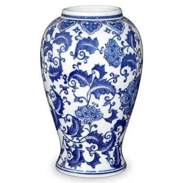 Imagem de Vaso azul e branco, vaso de cerâmica para decoração de casa, vasos chinoiserie de 23,4 cm para flores, vasos de flores de porcelana azul e branco para sala de estar, banheiro, mesa de jantar centros