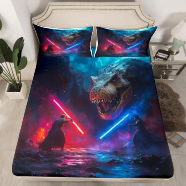Imagem de Jogo de lençol Queen com sabre de luz de dinossauro, samurai japonês, espada de luz, para decoração de quarto de crianças, meninos e adolescentes, 3 peças, lençol com elástico, 2 fronhas