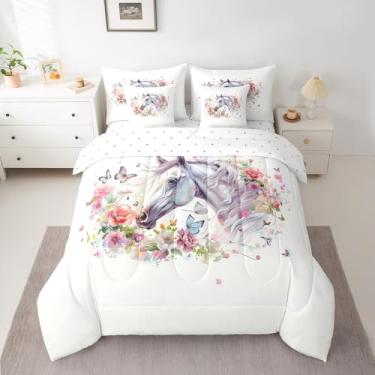 Imagem de Feelyou Conjunto de edredom completo de cavalo com estampa floral de borboleta, tema de casa de fazenda, estilo vida selvagem ocidental, decoração de cama em uma bolsa com edredom, lençóis, fronhas e