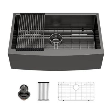 Imagem de Pia de cozinha 33 Black Farmhouse - Pia de cozinha Sarlai 83 centímetros bronze preto aço inoxidável 16 gauge avental pia frontal tigela única profunda pia de fazenda