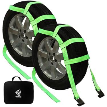 Imagem de Tiras de cesta de reboque com gancho plano, pacote com 2 alças de boina de reboque para rodas de pneus de 35,5 a 48 cm, sistema de alça de carrinho resistente de 4,5 kg, bolsa de transporte à prova