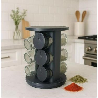 Imagem de Porta Temperos E Condimentos Giratório 6 Peças Vidro Preto Redondo - W
