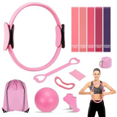 Imagem de Kit Essencial de Pilates para Mulheres, Kit de Pilates para Exercícios em Casa, Equipamento de Pilates, Conjunto de Anel e Bola de Pilates com Faixas de Resistência e Bumbum, Anéis de Pilates de 38cm