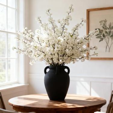 Imagem de Vaso de terracota preto feito à mão, 25,4 cm de altura com 4 orelhas, vasos de cerâmica de boca larga, vaso de fazenda vintage, vasos decorativos rústicos com acabamento fosco antigo para casa, sala