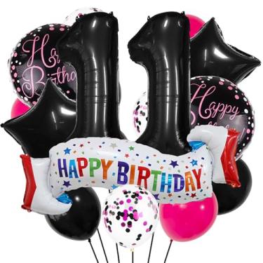 Imagem de Conjunto de decoração de aniversário de 11 anos, balão de coração preto, balão colorido de feliz aniversário de 11 anos para meninas, meninos, crianças, adultos, artigos de festa, meninos, preto