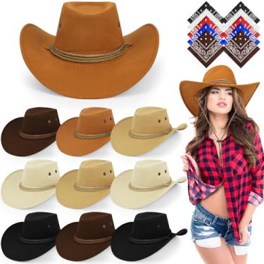 Imagem de KisSealed Conjunto de 10 chapéus de cowboy e bandana, chapéus de caubói a granel, fantasia de festa ocidental para homens e mulheres (5 cores)