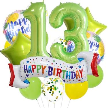 Imagem de Conjunto de decoração de aniversário de 13 anos, balão de 13º coração, balão colorido de feliz aniversário de 13 anos para meninas, meninos, crianças, adultos, suprimentos de festa, meninos verde