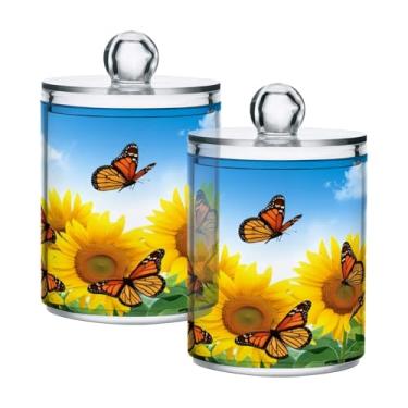 Imagem de Qilmy Suporte Qtip de borboleta de girassol, pacote com 2, frascos de boticário de 400 ml, vasilha organizadora de banheiro para cotonetes, bolas de algodão, almofadas de maquiagem, fio dental, sais