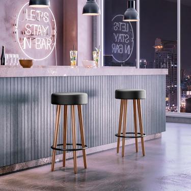 Imagem de Kit 2 Banquetas Alta Berlin Moderno Madeira Estrutura Assento Madeira 70 cm Preto Salaone