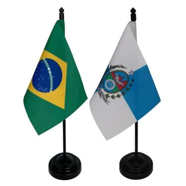 Imagem de Kit Bandeira de Mesa do Brasil e Rio de Janeiro, Oxford, 26cm Altura, 18x11cm, Multicolorido, Base Plástica, Decoração para Escritório, Eventos e Escolas