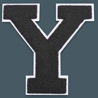 Imagem de QianSiLi Remendos de letras universitárias de chenille preto de 15 cm, letras grandes para jaquetas Letterman, moletons com capuz, mochilas, coletes, roupas, adesivos individuais de letra Y