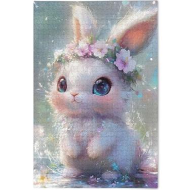 Imagem de Quebra-cabeça floral coelho fofo animal adulto 500 peças presentes família elefantes brancos arte prima quebra-cabeça personalizado família brinquedo artístico, 52 cm x 37,8 cm