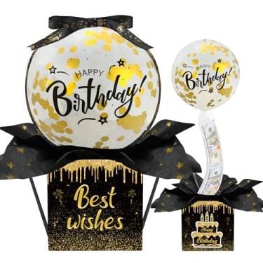 Imagem de Caixa de balão de dinheiro de aniversário caixa surpresa de dinheiro preto ouro puxar dinheiro kit surpresa de aniversário para mulheres homens aniversários festa dinheiro suprimentos de presente