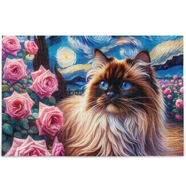 Imagem de Quebra-cabeça de gato fofo noite estrelada rosa personalizado 1000 peças para adultos jogo engraçado homens presentes paisagem floral única, 75 cm x 50 cm