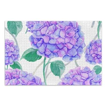 Imagem de Quebra-cabeça adulto 500 peças presentes para elefante branco jogo divertido quebra-cabeça para adultos arte animal impressão hortênsia flores roxo azul, 51 x 37 centímetros