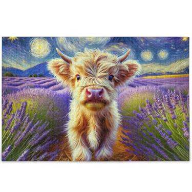 Imagem de Quebra-cabeça personalizado Starry Night Highland Cow Lavanda Adultos 500 peças impressão de arte animal Cool Prime Puzzles Funny Game Tech Gifts, 52 cm x 37,8 cm