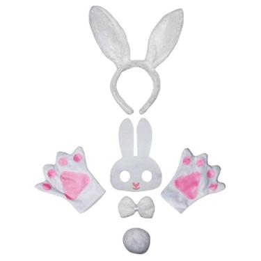 Imagem de Petitebella Máscara de animais combinados, tiara, cauda, 5 peças, fantasia 1-5 anos (branca], tamanho único)