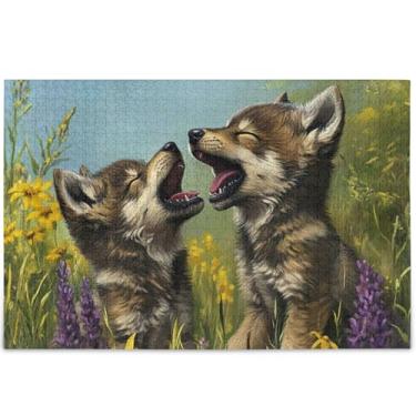 Imagem de Quebra-cabeças florais de grama lobo filhotes personalizados 500 peças para adultos decoração de casa arte presentes masculinos únicos engraçados jogos de quebra-cabeça, 52 x 37,8 cm