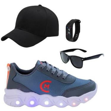 Imagem de Tênis Infantil Led Masculino Jogging Casual Preto Chumbo Fogo +Óculos+