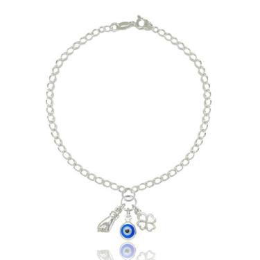 Imagem de Pulseira Pingente Olho Grego Figa Trevo Sorte Prata Lei 925 - Lojas La