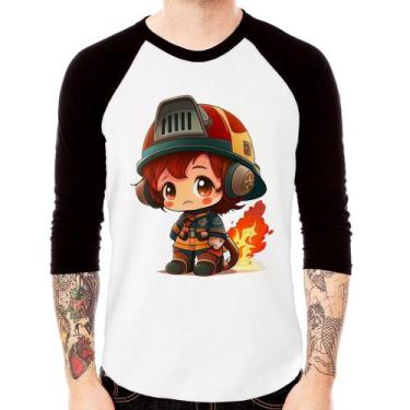 Imagem de Camiseta Raglan Bombeiro Mirim Manga 3/4 - Foca na Moda, Branco, Preto
